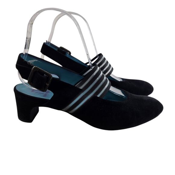 Thierry Rabotin Shoes Womens 7 37.5 Mary Jane Slingback Mid Heel Black Suede - Picture 1 of 12